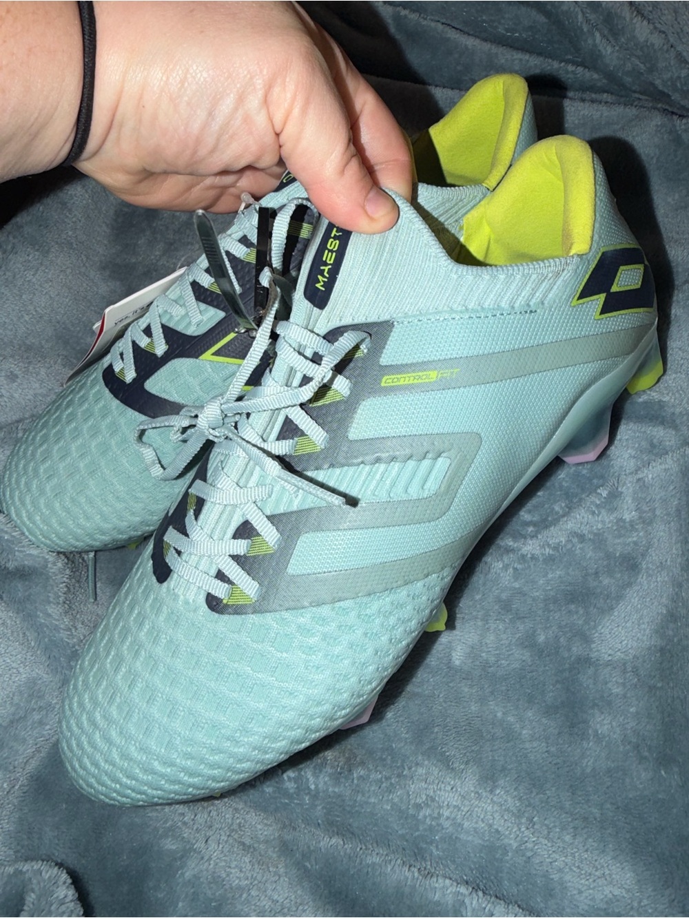 Lotto Maestro Light Blue Soccer Cleats with Lime Accents